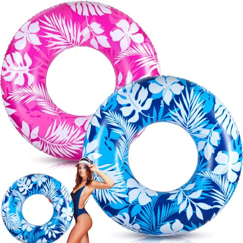 ShinyRelief 2 Pcs Pool Tubes for Adults 42inch Large Inflatable Floats Tube Tropical Leaves Inflatable Pool Floats Rings Colorful Swimming Ring Summer Hawaii Swimming (Blue,Purple)