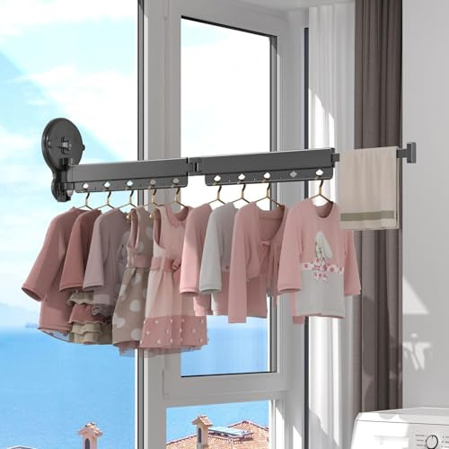 Greenfields No-Drill Wall-Mounted Folding Clothes Drying Rack – Vacuum Suction, 360° Adjustable, Telescopic Pull-Out Bar, Rust-Resistant Aluminium for Small Spaces