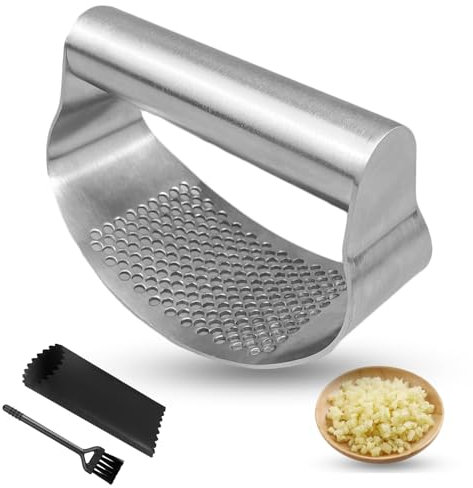 XWGKLN Knoblauchpresse Edelstahl - Multifunktional Garlic Press mit Silikonschäler und Reinigungsbürste Knoblauchpresse Spülmaschinenfest (silbrig)
