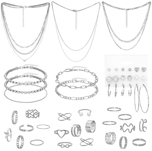 Silver Jewelry Set for Women Layered Bracelets Ball Dangle Hoop Earrings Stackable Knuckle Rings Set Dainty Adjustable Necklaces Valentine Anniversary Trendy Party Costume Accessories Jewelry (Fashionable)