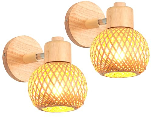 iDEGU Lot de 2 Appliques Murales Intérieures Bohème Réglable Lampe Murale en Bambou et Bois Rétro E27 Luminaire Abat-jour Rotin Applique Vintage pour Chambre Salon Couloir Restaurant (13cm)
