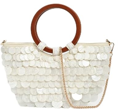 Handgefertigte Perlentasche, Muscheltasche, Perlen-Geldbörse, Muschel-Geldbörse für Damen, luxuriöse Perlen-Pailletten-Clutch mit Tragegriff oben, Weiß, M
