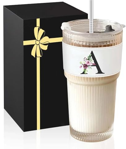 A-Z Initial Iced Coffee Glass Cups - Personalised Birthday Gifts for Women, Ice Coffee Glass Cup with Lids and Straws - Ideal Glasses Tumbler Gift for Friend, Sister, Mum,Wife, Colleagues, Initial A