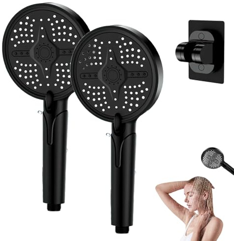 Pommeau de Douche Anti Calcaire, 2025 Nouveau Pommeau de Douche Haute Pression (⌀130mm) Douchette Salle de Bain à Effet Pluie avec 5 Types de Jets Avec Support Sans Perforation (2PCS Noir)