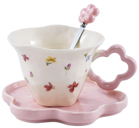 All-Pie Ceramic Cappuccino Cups with Saucers and Spoon,Coffee,Tea Cup - 250 ml/8.8 oz，Flower Shape (Pink)