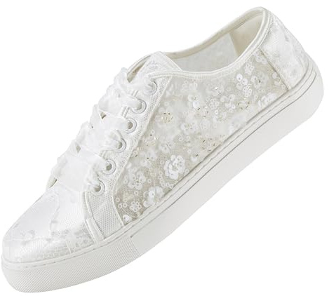 Mrs White 883-10 Baskets Mariage Femme Dentelle Broderie Florale Lacets Ruban Chaussures Mariée Plates Confortables
