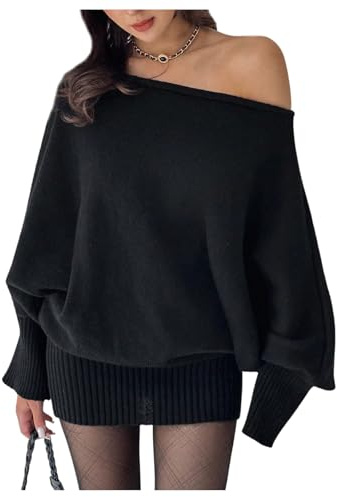 GORGLITTER Women's Asymmetrical Off Shoulder Jumper Dresses Rib Knit Long Sleeve Mini Trendy Fall Winter Dress Black Medium