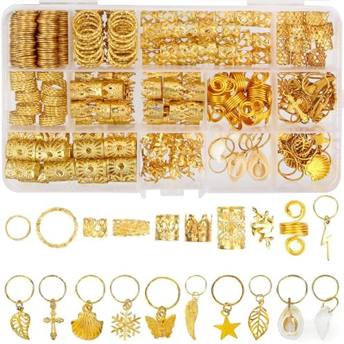 TAIXING 362 Stück Gold Haarschmuck, 20 Stile Gold Haarmanschetten, verstellbarer Haarschmuck für Zöpfe mit Ringen, Manschetten, Spiralen, Charms für Damen und Herren, Festival-Frisur