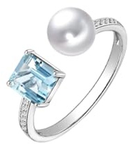 Wycian Verlobungsring Damen Vintage Verlobungsring Aquamarin 9K Weißgold Öffnen Sie mit Aquamarin, Perle und Diamant Größe 61 (19.4) Massiv, Nicht Plattiert Beliebt für Schwester Jubiläum Schmuck