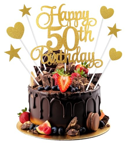 7Pcs Personalised Happy 50th Birthday Cake Topper, 50th Birthday Cake Decorations with Heart Star Cupcake Picks, Gold Glitter Happy 50 Years Old Birthdays Sign for Birthdays Party Supplies