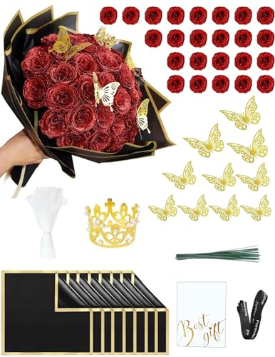 OBAWA Glitzer-Rosenstrauß, 24 Stück DIY Glitzer Rote Rosen Künstlich Kunstrosen Seidenblumenmit Krone für mit Krone für Valentinstag, Hochzeit, Verlobung, Geburtstag