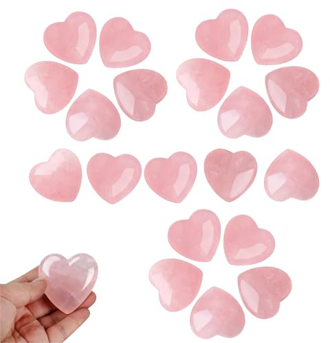 20Pcs Natural Rose Quartz Crystals Hearts, 20mm(Thickness: 6mm), Pink | Reiki Healing Crystals, Worry Stone for Anxiety Relief Meditation, Emotional Energy Balance
