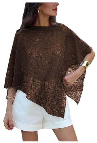 GORGLITTER Women's Poncho Tops Sheer Shawl Cape Top Sparkly Sequin Sweaters | Crochet Bat Wing Bolero Shrug, Knit Sweater, Lightweight Wrap Top, Date Night Party Concert Outfits, Coffee Brown, Small