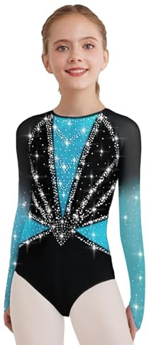 Vxuxlje Gymnastikanzug Mädchen Langarm Turnanzug Glitzer Strass Ballettanzug Tanztrikot Tanzkostüm Rhythmische Sportgymnastik Anzug Bühnenauftritte