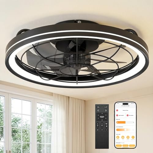 Deckenventilator mit Beleuchtung, Dimmbare Deckenleuchte mit Ventilator Leise, Ø48cm, 6 Stufen, 3000-6500K, Fernbedienung & App, Timer, Ceiling Fan Light für Schlafzimmer Wohnzimmer (Schwarz)