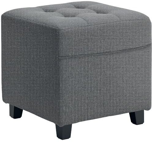 HOMCOM Fußhocker Pouf 35x35x35 cm Grau | Ottoman, getufteter gepolsterter Sitz, Leinenoptik-Stoff, Seitentasche, Holzrahmen, für Schlafzimmer, Eingangsbereich