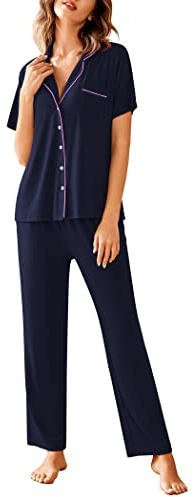 Avidlove Women Pajamas Set Notch Collar Soft Sleepwear Pjs Short Sleeve Button Down Nightwear with Long Pants Navy Blue
