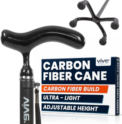 Vive Quad Cane - Carbon Fiber Lightweight Walking Stick for Men & Women - Adjustable Ergonomic Grip Handle - Nonslip Four Prong Rubber Tips for Right & Left Stability Support - Mobility Travel Aid