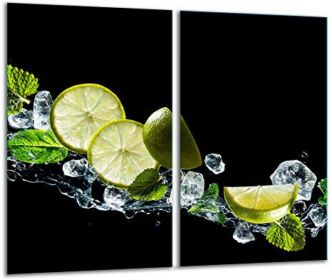 QTA | Lot de 2 cache-plaques de cuisson 2 x 30 x 52 cm - En verre de sécurité - Protection anti-éclaboussures - Noir - Citron
