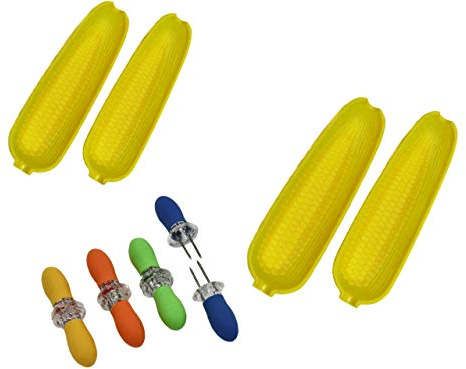 12 Piece Corn Cob Holders and Dish Set - Set of 4 Corn on the Cob Dishes and 8pc. Jumbo Soft grip Corn on the Cob Holders/Skewers