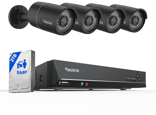 REOLINK Sistema di telecamere di sicurezza PoE 8CH 5MP, 4 telecamere IP PoE cablate da 5 MP per esterni con rilevamento di veicoli personali, NVR 4K 8CH con HDD da 2 TB per registrazione 24-7,