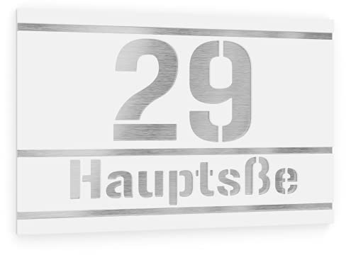 Graviers Design Hausnummernschild aus V2A Edelstahl 215x150mm - Weiß - Wetterfest Rostfrei Individuell anpassbar nach eigener Nummer Straße - Made in Germany