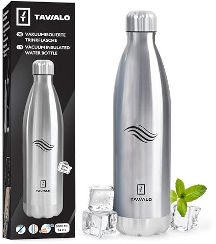 TAVIALO Borraccia Termica 1000 ml in Acciao Inox. Bottiglia Isolata a Doppia Parete senza BPA per Viaggi, Sport e Attività all'aperto. Thermos a Prova di Perdite. Colore Argento.