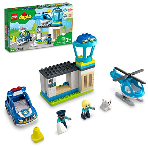 LEGO DUPLO Stazione di Polizia di Soccorso 10959 Giocattolo Auto Push & Go con Luci e Sirena più Elicottero, Giocattoli di Apprendimento Precoce per Bambini Piccoli, Maschi e Femmine dai 2 Anni in Su