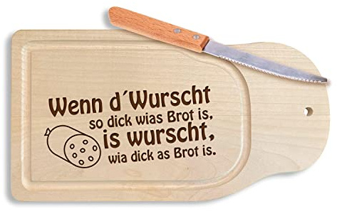 Bavariashop - Brotzeitbrett Wenn d´Wurscht so dick wias Brot is Schneidebrett aus Ahorn-Holz, Frühstücksbrett mit Messer