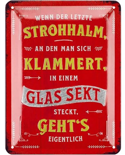 LANOLU Retro Blechschild - Bar Schild, lustige Wanddeko Küche mit Spruch LETZTER STROHHALM IM SEKT STECKT GEHTS - Cocktail Schild Geschenkidee - Metallschilder vintage Deko 15x20cm