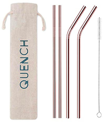 Stainless Steel Rose Gold Reusable Metal Straws, 4 Straws + 1 Brush Cleaners + Free Carry Pouch + Silicone Tips (4 Rose Gold Straws + 1 Brush)
