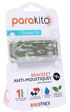 PARAKITO - Bracelet Anti-Moustiques Réutilisable - 2 Plaquettes Incluses aux Huiles Essentielles - 1 Mois de Protection - Sans DEET - Taille Junior 3+ (Camouflage)