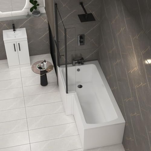 Modern Qubix 1500 x 850mm Left Hand L Shaped Shower Bath tub with Black Shower Screen