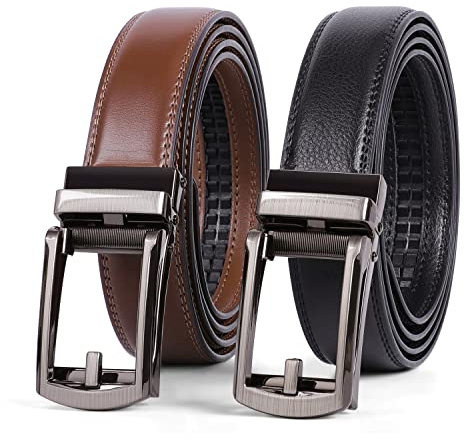 WERFORU 2 cinturones de cuero para hombre, cinturón automático de cuero para traje y ocio, cinturón de trinquete para hombre con hebilla automática, A-negro+marrón, 145cm/für Taillengröße 111-125cm