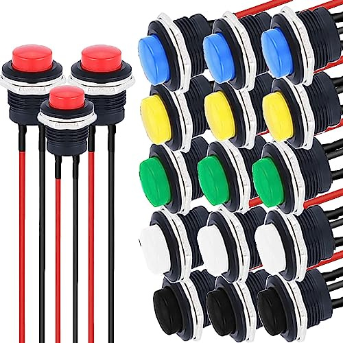 RUNCCI-YUN 18 Stück 3V-6V-12V-24V mini Rund Momentary taster,16mm Vorverkabelt Mini Momentan Druckknopf, 2 Pin Runder Druck schalter für Horn KFZ Auto Armaturenbrett Boot Arduino DIY