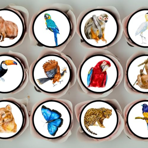 PRECUT Rainforest Animals Edible Cupcake Toppers - Jungle Animals Theme Cake Decorations, Wildlife Cake-Toppers, Safari Birthday Party - 1.5 Inch/4cm Discs (Pack of 24)