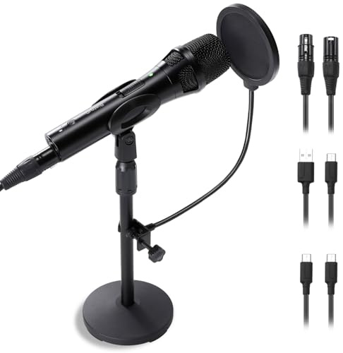 Dynamic Microphone XLR/USB-C for Recording/Singing, Hypercardioid＆Noise Rejection, Mic Gain, with Desktop Stand, Pop Filter, Headphone Jack, for Mac, PC, Audio Interface for Podcast, Studio, Singing