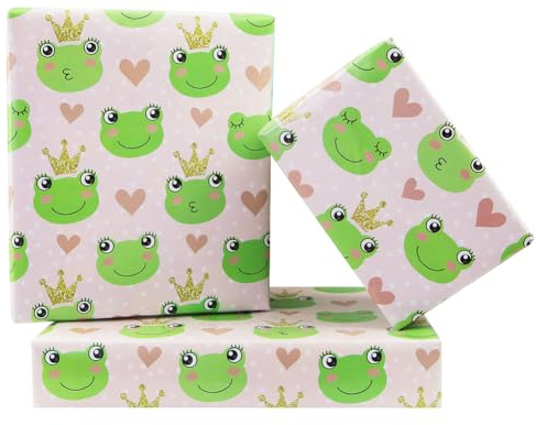 Frosch-Geschenkpapier für Männer, Frauen, Schöne Grüne Frösche mit Krone Herz, bedrucktes Design Lustige Geschenkpapier für Kinder, Jungen, Mädchen, Geburtstag, Babyparty, 4 Blatt