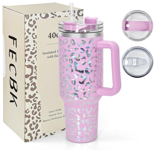FECBK 40oz Tumbler with Straw and Lid 1.2L, 100% Leak-Proof Travel Mug with Handle, Stainless Steel Vacuum Insulated Water Bottle Coffee Cup Keeps Cold 34H / Hot 12H, Blush Leopard
