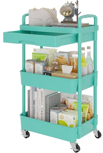Calmootey 3-Tier Rolling Utility Cart with Drawer,Multifunctional Storage Organizer with Plastic Shelf & Metal Wheel,Storage Cart for Kitchen,Bathroom,Living Room,Office,Green