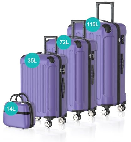 Voyagoux Kofferset 4 teilig - 14L, 35L, 72L, 115L, Hartschalenkoffer Set, TSA-Schloss, ABS, 4X 360° Rollen, Robust und Leichtgewicht Suitcase, Lila