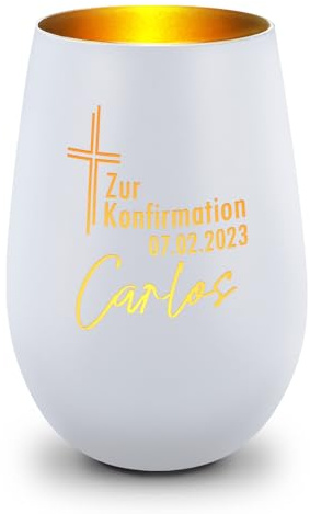 GRAVURZEILE Deko Windlicht aus Glas mit Gravur - Kreuz - Zur Kommunion Konfirmation & Taufe - Personalisiert mit Anlass Name Datum - Personalisierte Geschenke für Mädchen & Jungen - Weiß/Gold