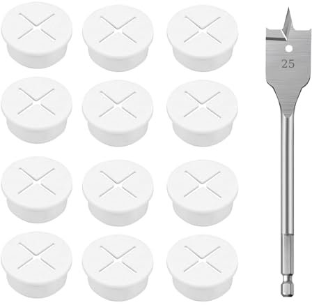 12 Piezas 25mm Pasacables Escritorio, Flexible Arandela Para Cable, Pasacables Escritorio Blanco, Adecuado para Muebles de Mesa/Mesa de Computadora, con Broca de 25MM