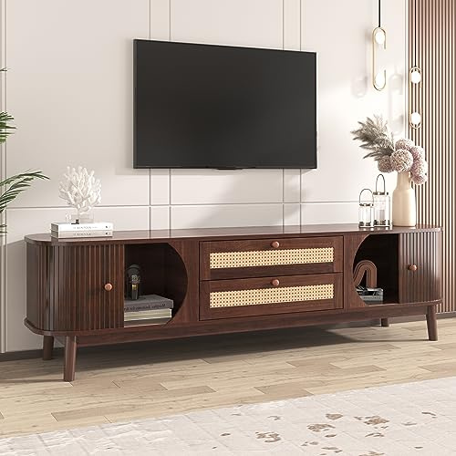 Dalred TV-Schrank-Natürlicher, Holz-Blend TV-Schrank mit Türen und Schubladen, TV-Ständer mit Rattanseiten, Aufbewahrungslösung, Natürlicher Landhausstil (Massivholz)