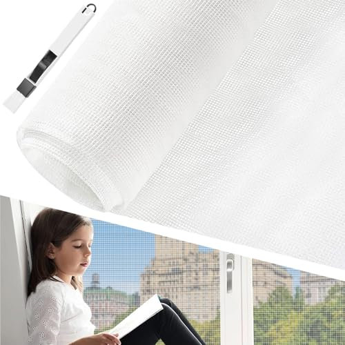BUZIFU Fliegengitter Fenster 100 x 250 cm Insektenschutz Meterware Fiberglas-Fliegengitter Gewebe Fliegenvorhang Moskitonetz mit Fensterputzbürste, Schutz gegen Mücken für Fenster und Türen (Weiß)
