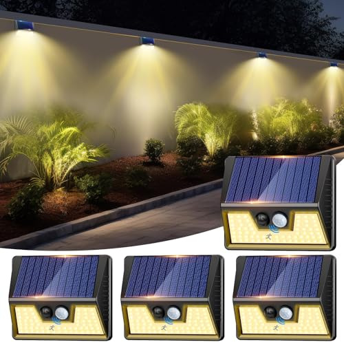 nipify Foco LED de exterior solar, 4 unidades, luz solar exterior con sensor de movimiento, 3 modos impermeables, focos solares para jardín, patio, garaje, pared, blanco cálido