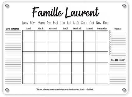 LAUBLUST Calendrier mural personnalisé en verre acrylique - Format A2, A3, A4 | Planificateur familial avec nom de famille & texte - Planificateur hebdomadaire & mensuel | Calendrier annuel effaçable