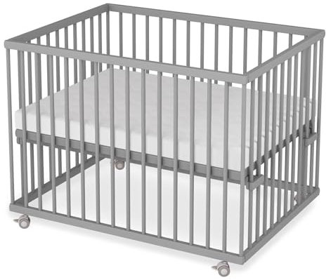 Sämann Laufstall Baby mit Lattenrost und Matratze SleepPlus | stufenlos höhenverstellbar | Laufgitter Premium | Babybett aus Holz | Krabbelgitter (grau, 75x100 cm)