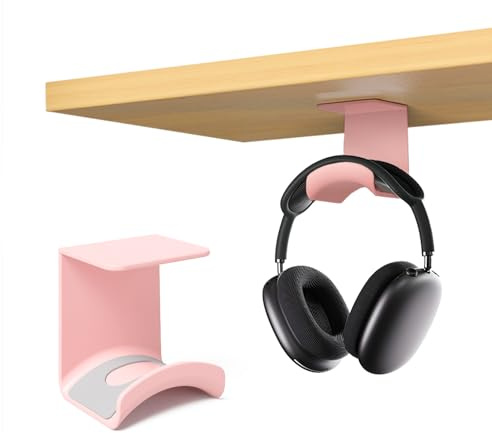 wigmoa S-T8 Compact Headphone Stand for Under Desk Headset Wall Mount with Secure Adhesive Hook, Compatible for Airpods Max &Most Headphone/Controller (Pink/Under Desk)