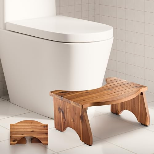 TINAMO Faltbarer Toilettenhocker aus Akazienholz für Badezimmer Erwachsene – 18,3 cm Kothocker für Kinder – Kackhocker mit rutschfester Schicht – Badezimmerhocker zum Sitzen/Reisen (Akazie, 18,3 cm